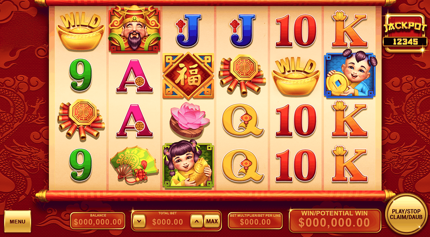 2D game art example: a Chinese-themed slot with symbols, background art, jackpot panel, and UI