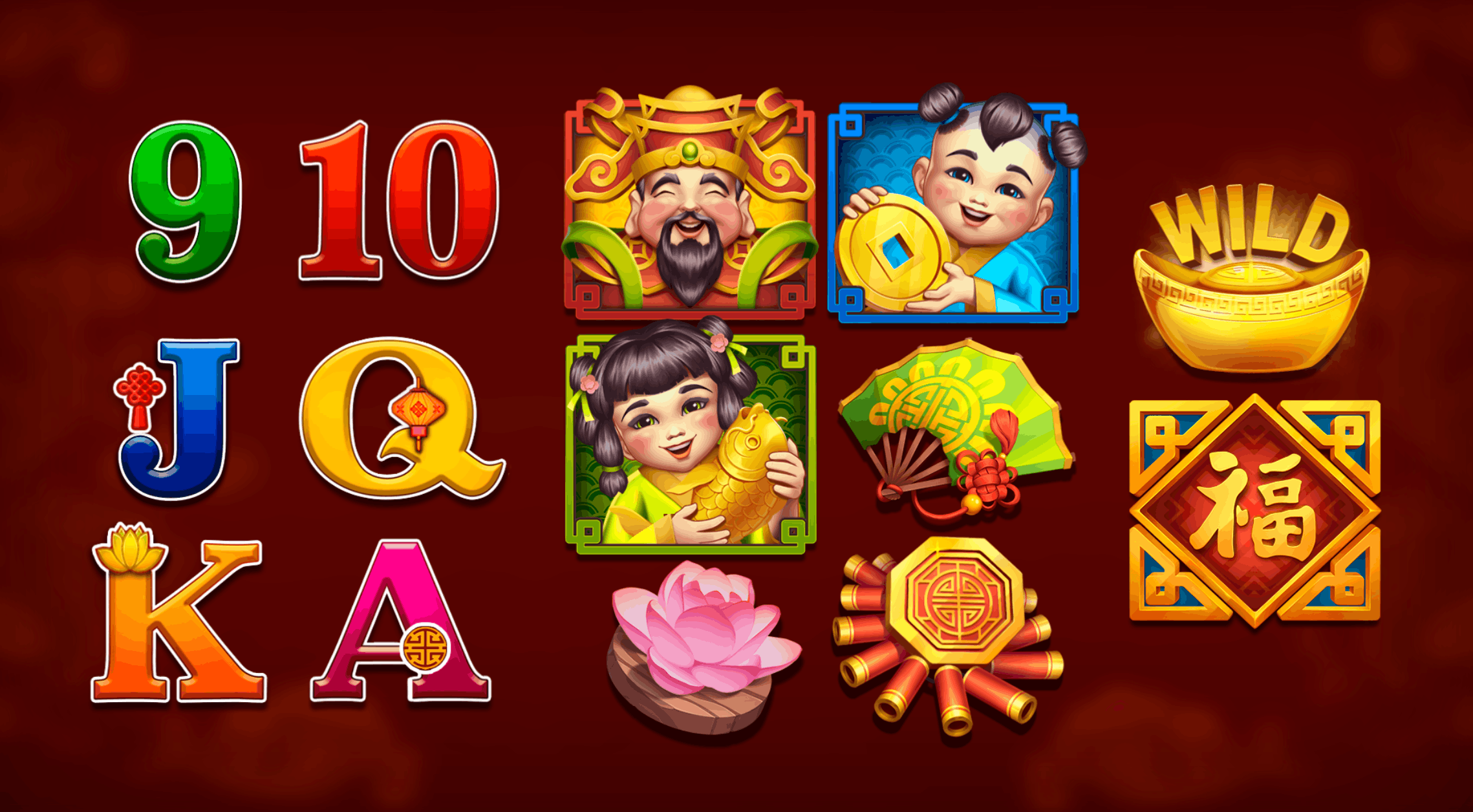 Complete slot symbol set: card royals, character symbols, wild, scatter, and bonus icons
