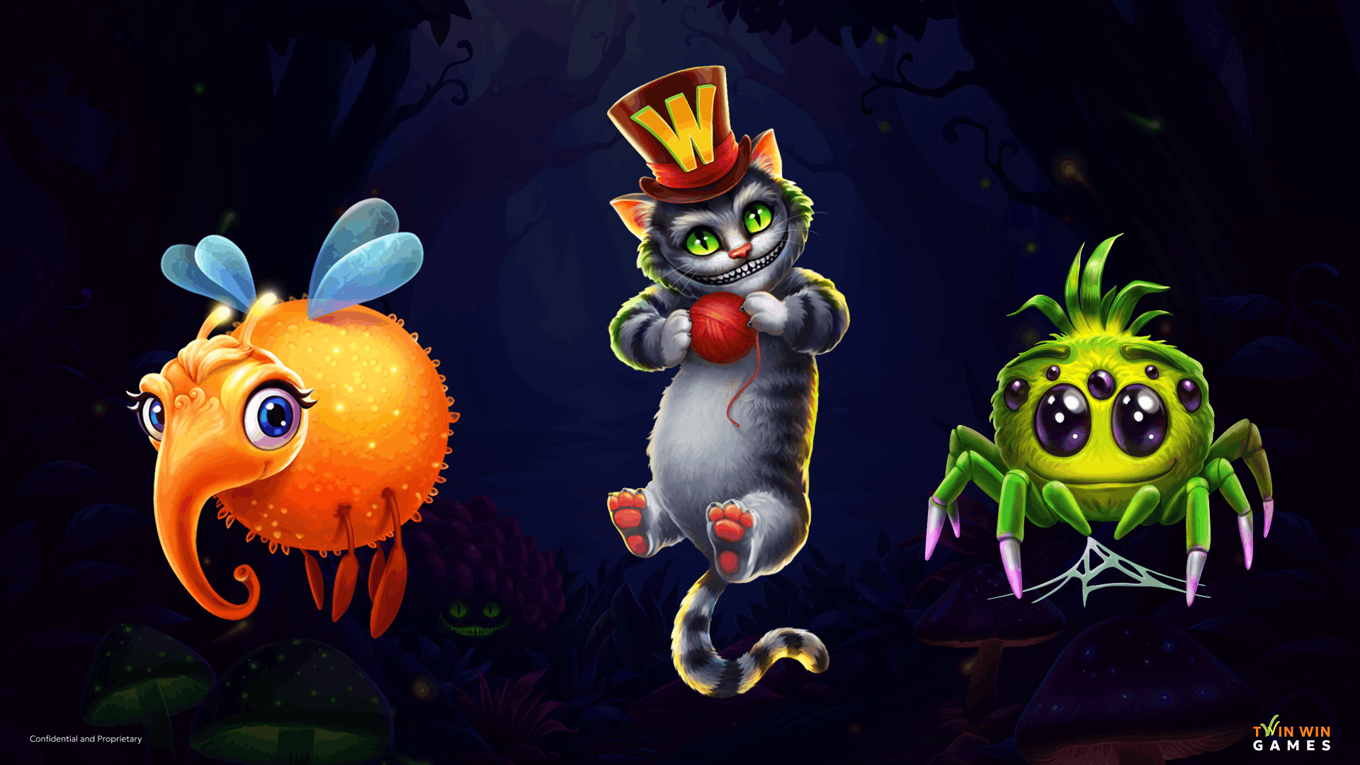fantasy creatures, the glowing fly, Cheshire cat, and spider