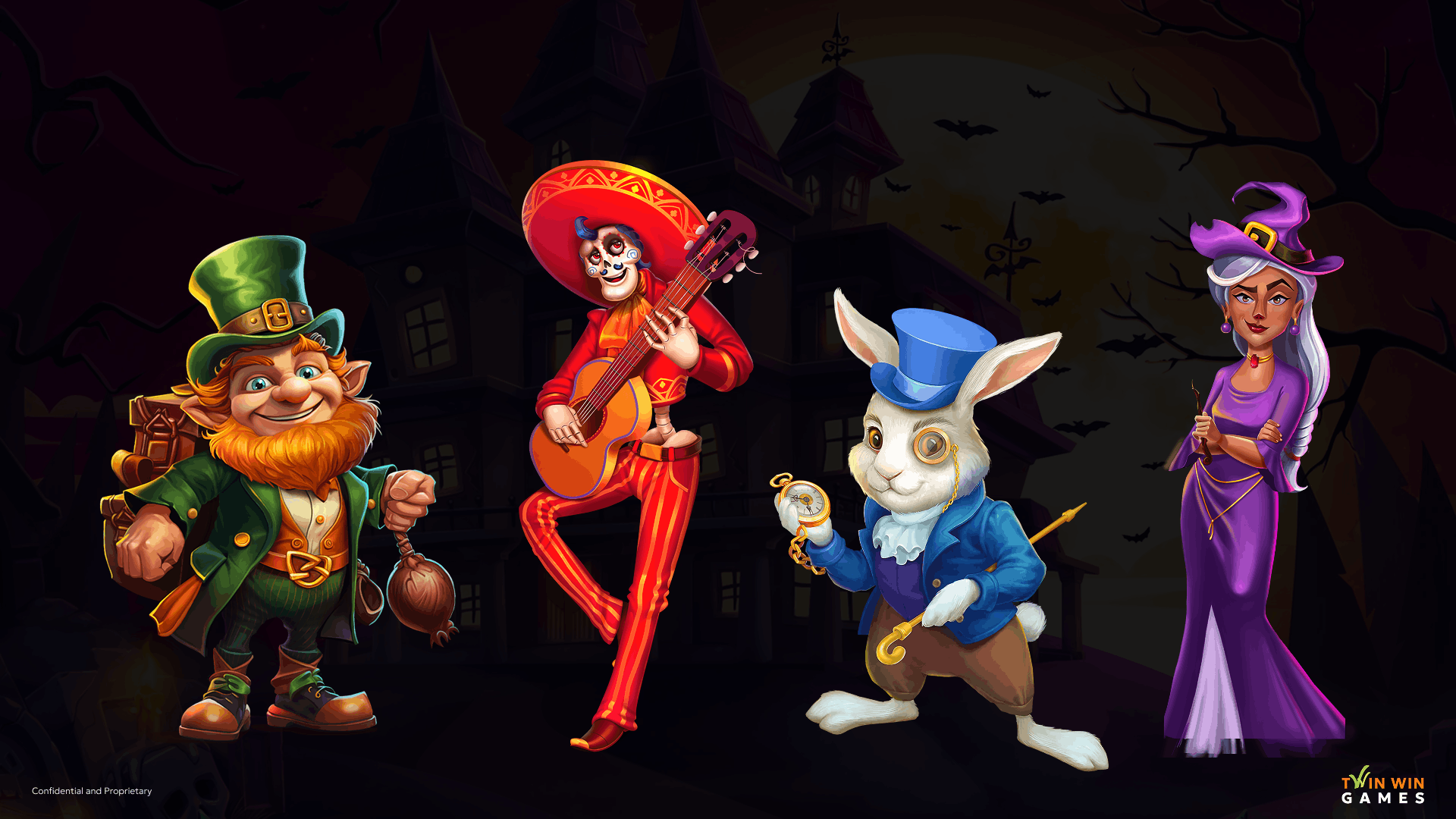 Slot game character design: leprechaun, Day of the Dead mariachi, White Rabbit, and witch characters by Twin Win Games