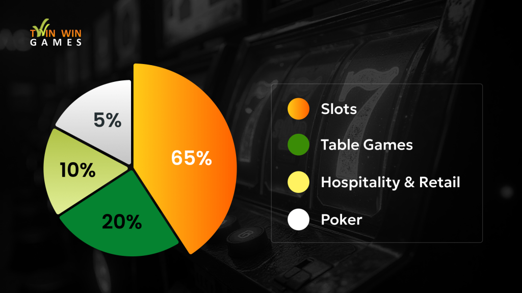 Pie chart showing casino revenue distribution: slots 65 percent, table games 20 percent, hospitality and retail 10 percent, poker 5 percent.