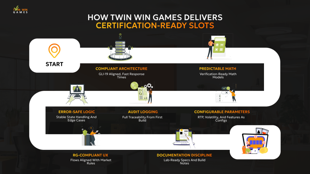 Certification-ready slot game development workflow: compliant architecture, verification-ready math, error handling, audit logging, configurable RTP parameters, responsible gaming UX, and documentation standards