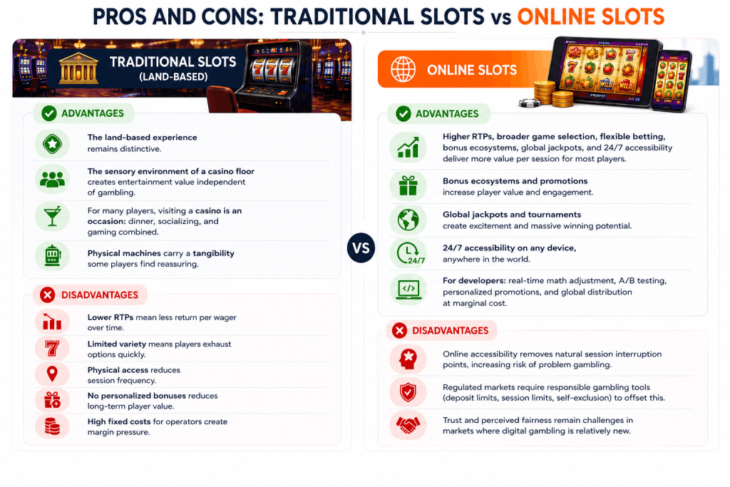 Pros and cons comparison between traditional land-based slot machines and online slot games, highlighting RTP, accessibility, jackpots, player engagement, casino experience, and operational advantages for online casinos.