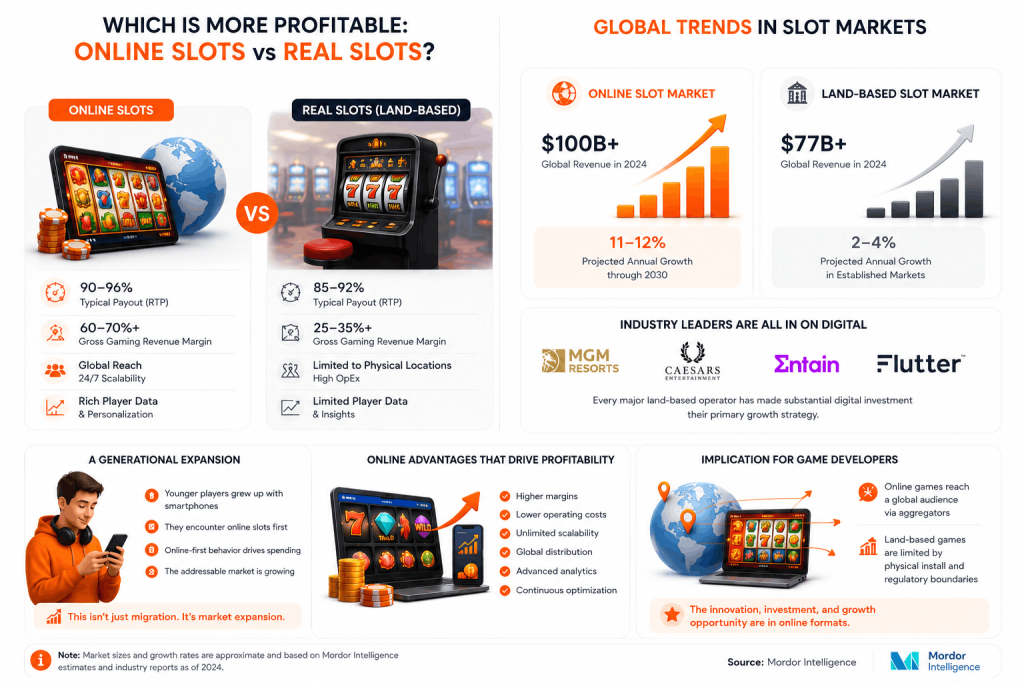 Infographic comparing online slots vs land-based slot machines profitability, market growth trends, RTP rates, scalability, player behavior, and global online casino market expansion through 2030.