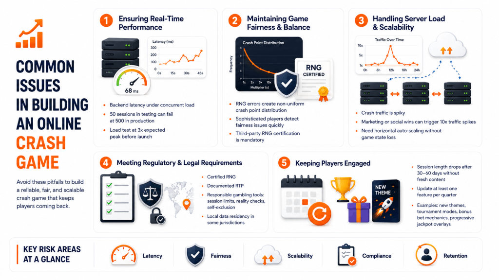 Common issues in online crash game development infographic showing backend latency, RNG fairness, scalability, compliance requirements, and player retention challenges