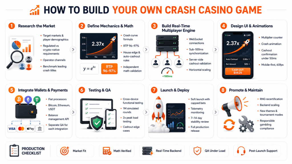How to build a crash casino game infographic covering RTP math, multiplayer backend architecture, wallet integration, UI design, testing, and launch pipeline