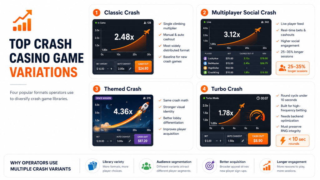 Top crash casino game variations infographic showing classic, multiplayer social, themed, and turbo crash game formats used by online casino operators