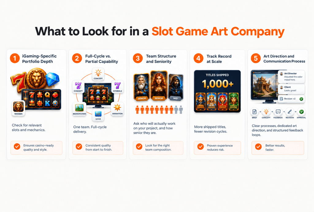 What to look for in a slot game art company: slot-specific portfolio, full-cycle capability, team structure, track record at scale, and art direction process