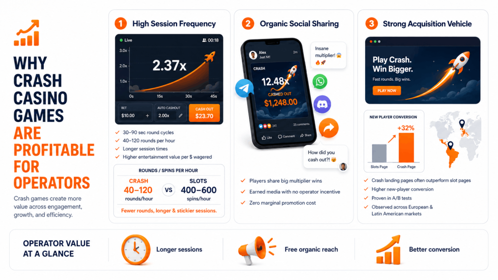 Why crash casino games are profitable for operators infographic showing player engagement, social sharing, acquisition performance, and session retention metrics