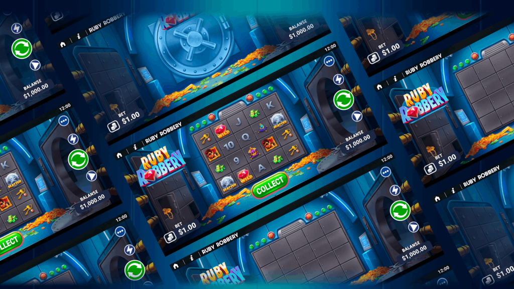 Slot game art portfolio: Ruby Robbery heist-themed slot with symbols, vault backgrounds, and UI by Twin Win Games