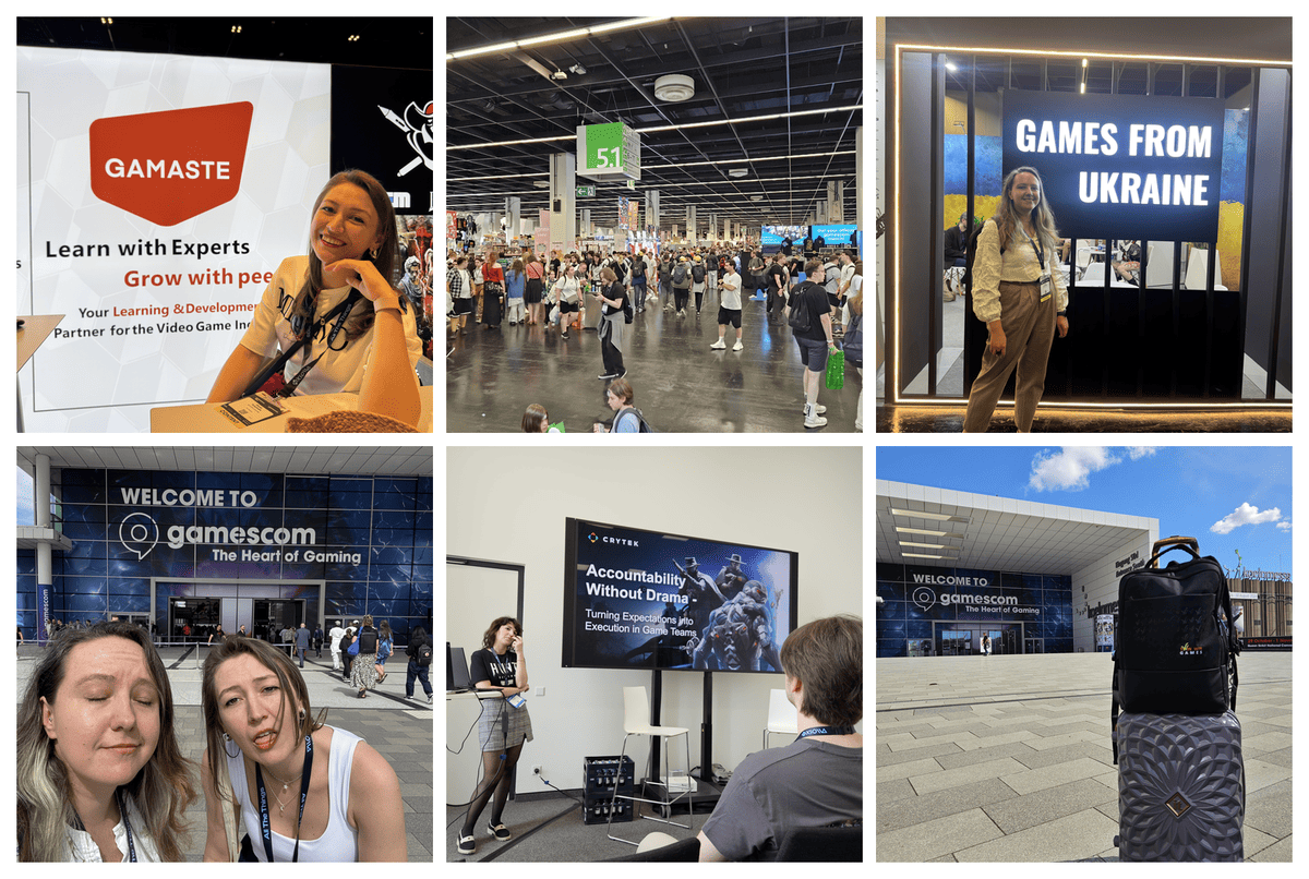Photo collage from Gamescom 2026: Twin Win Games' Anna 
Vasylkivska and Daria Tovpinets at the show, the crowded 
exhibition halls, the Games from Ukraine pavilion, the 
gamescom entrance, and a TWG-branded travel bag.