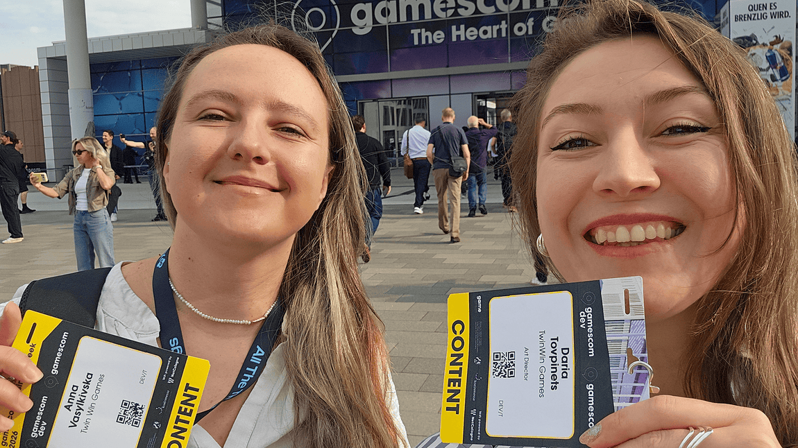 Anna Vasylkivska, Head of Production, and Daria Tovpinets, Art Director, at Twin Win Games at industry event Games Com 2026. 