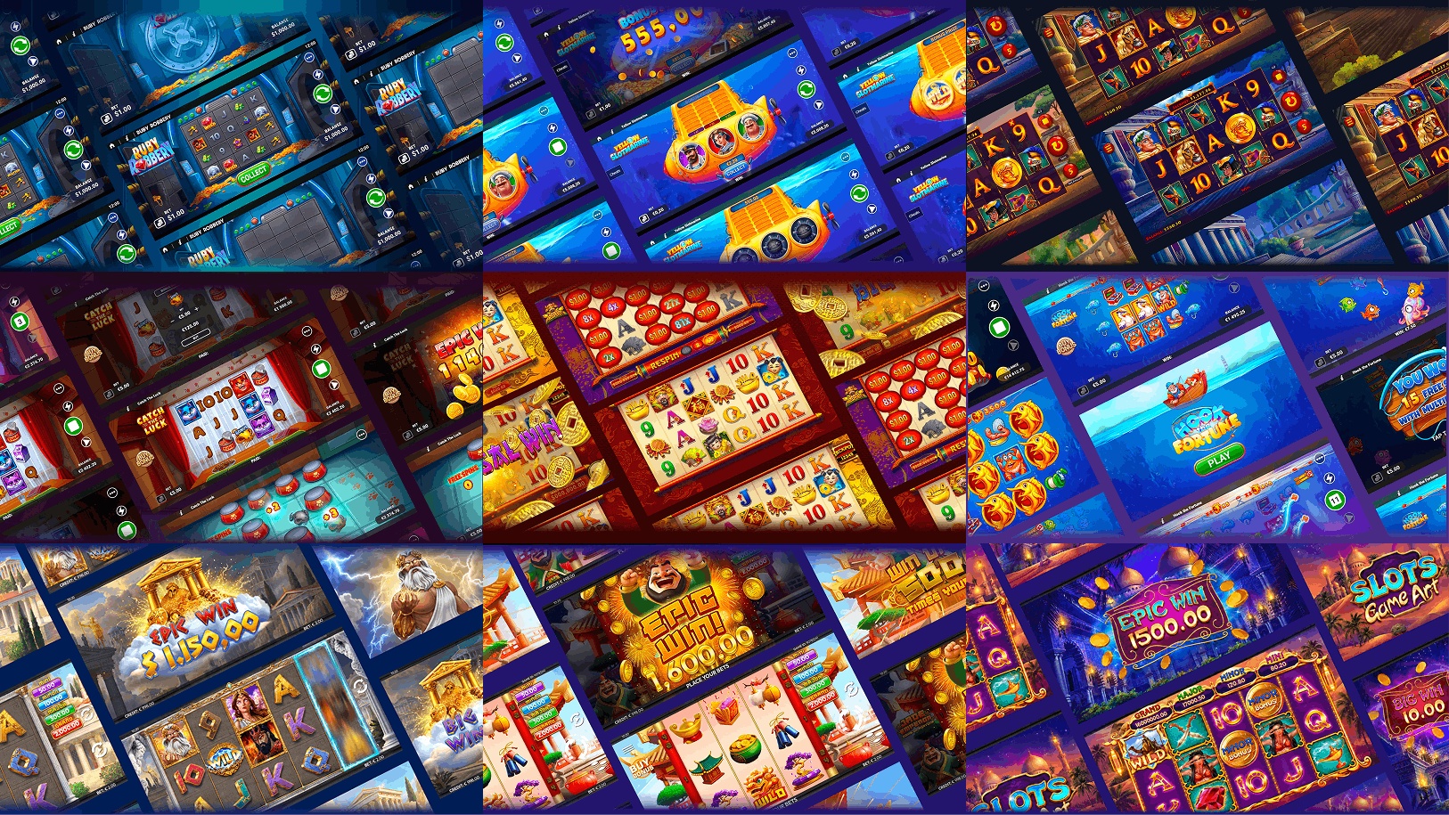2D game art portfolio across nine shipped slot games: symbols, backgrounds, characters, and UI
