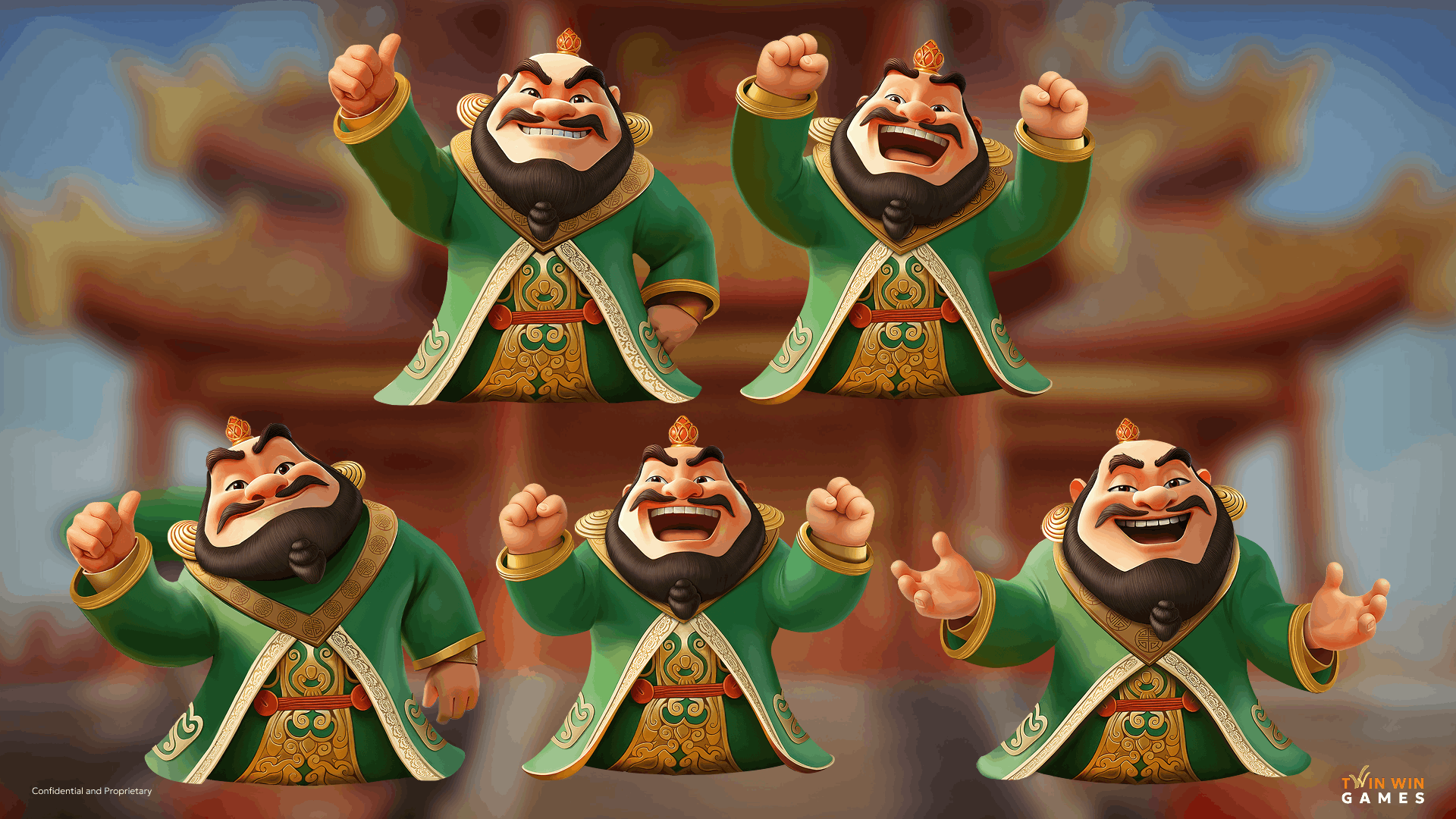 2.5D slot game character expression sheet: a mythology-inspired emperor shown in five poses