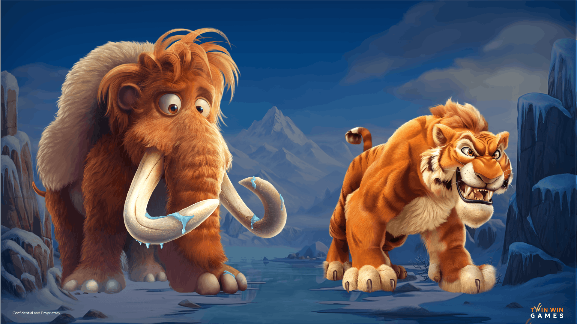 Shape language in character design: a rounded, friendly woolly mammoth beside an angular, menacing sabertooth tiger
