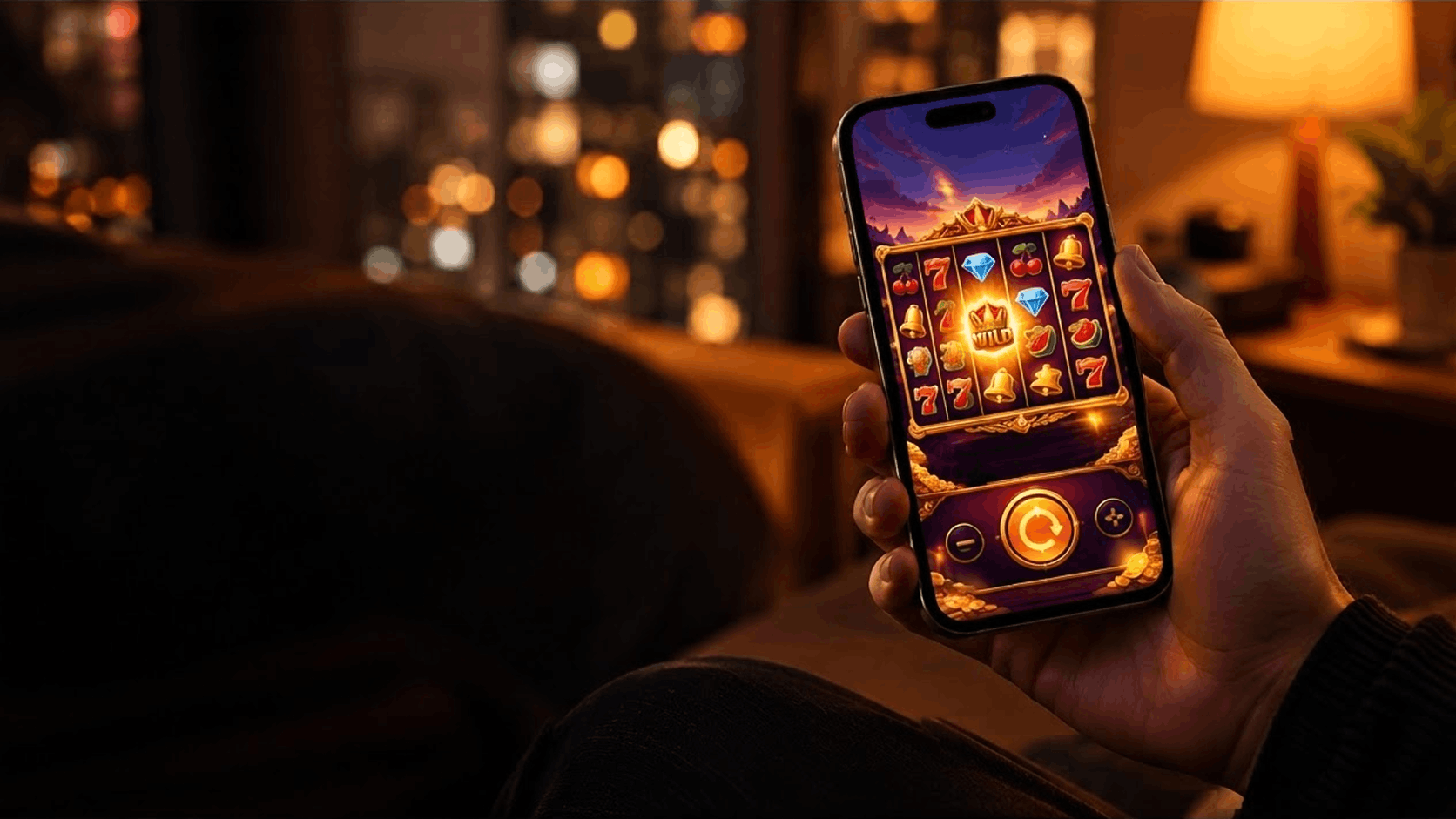 Hand holding a smartphone playing a slot game in a mobile browser, illustrating why real-money slots run on HTML5
