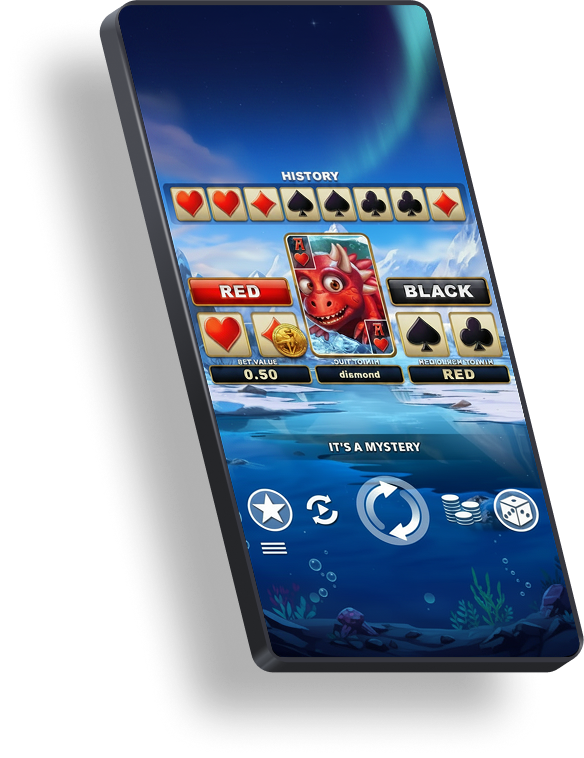 Prehistoric slot game gamble feature UI — Red or Black and Suit selection interface with card reveal animations, history panel, and Collect controls. Designed by Twin Win Games.