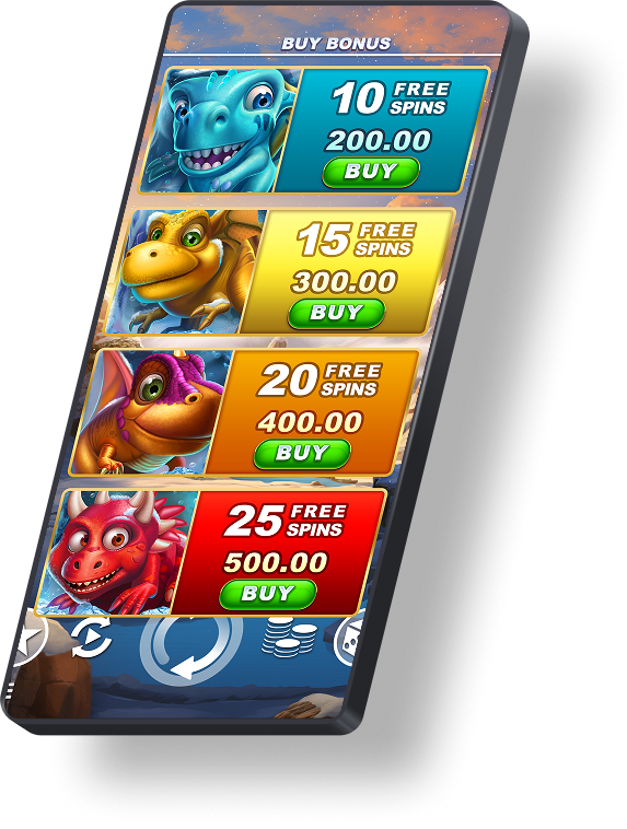 Buy Bonus interface for a prehistoric-themed slot game — four-tier Free Spins selection screen with character-based visual differentiation and color-coded reward panels. Designed by Twin Win Games.