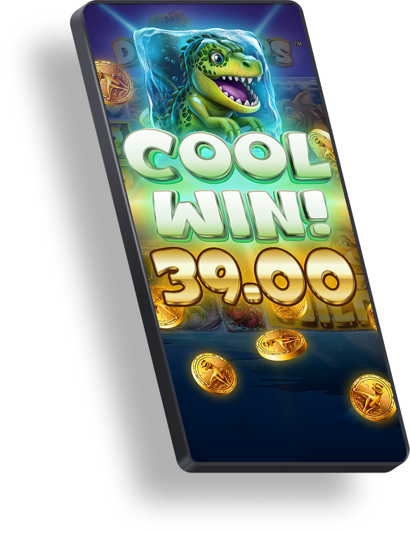 Multi-level Big Win animation sequence for a prehistoric slot game — Cool Win, Mammoth Win, and Jurassic Win tiers with coin burst effects, light layers, and animated win counter. Created by Twin Win Games.