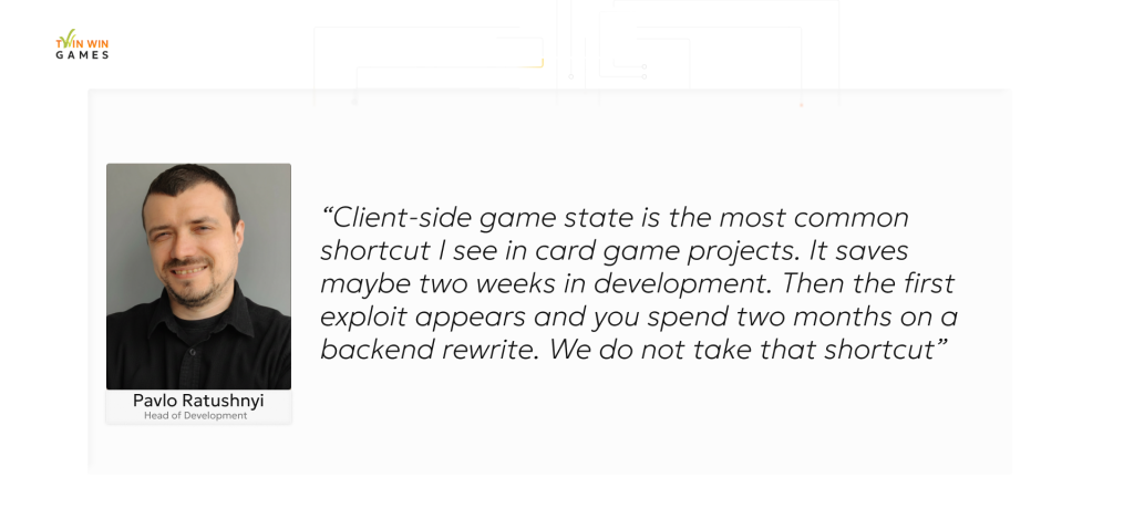 Pavlo Ratushnui, Head of Development at Twin Win Games,
on card game backend architecture