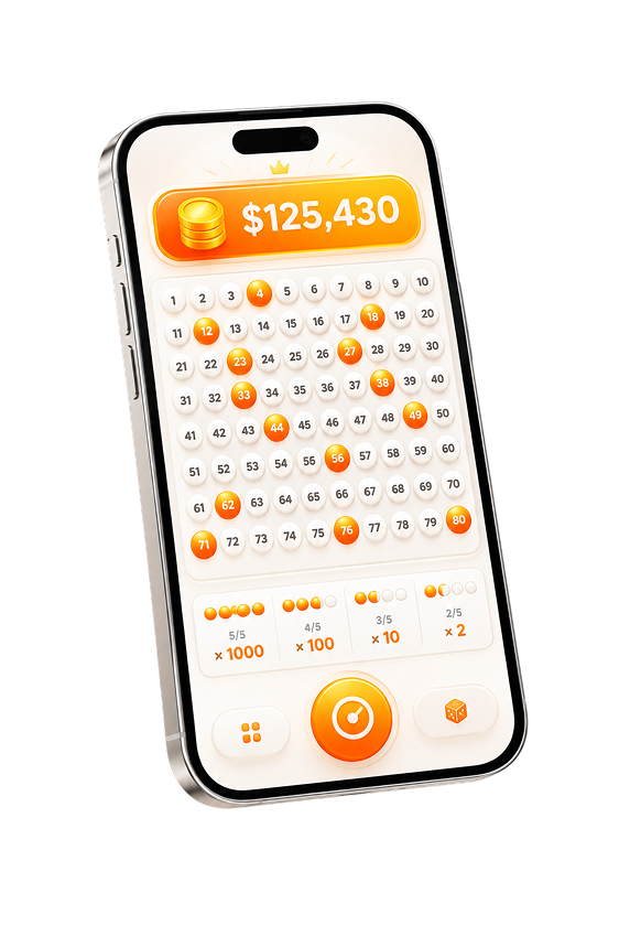 Keno and bingo game math on mobile with number grid, spot payouts, and prize pool