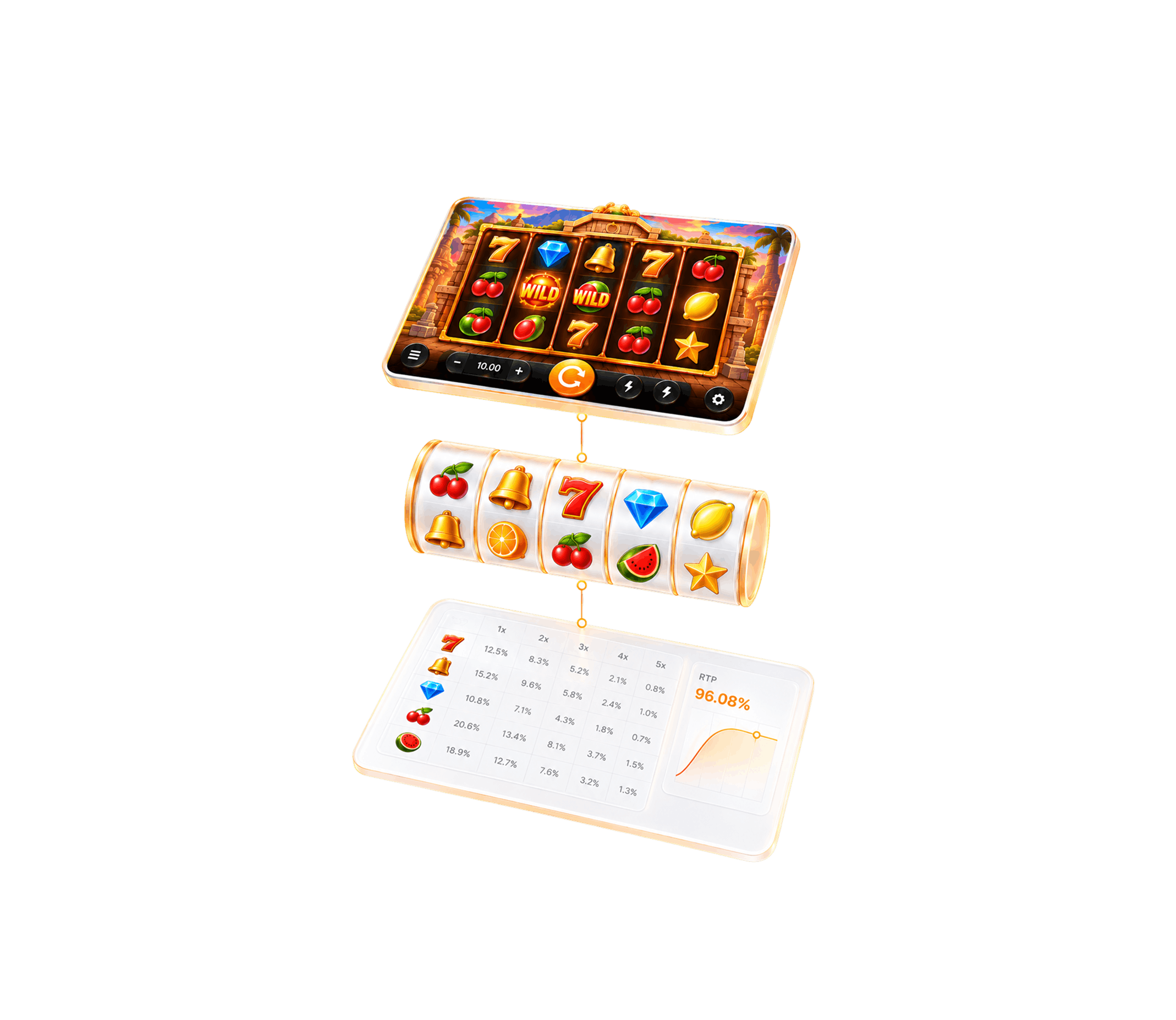 Slot game shown in layers: the live game screen, the reel strip beneath it, and the math model with paytable and RTP