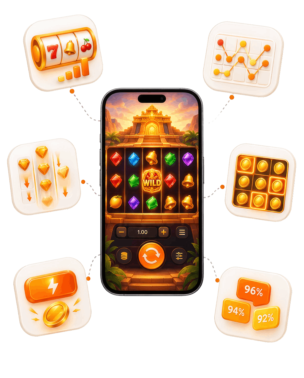 Slot math model illustration: reel strips, ways to win, cascading wins, hold and win, bonus buy, and multi-RTP versions