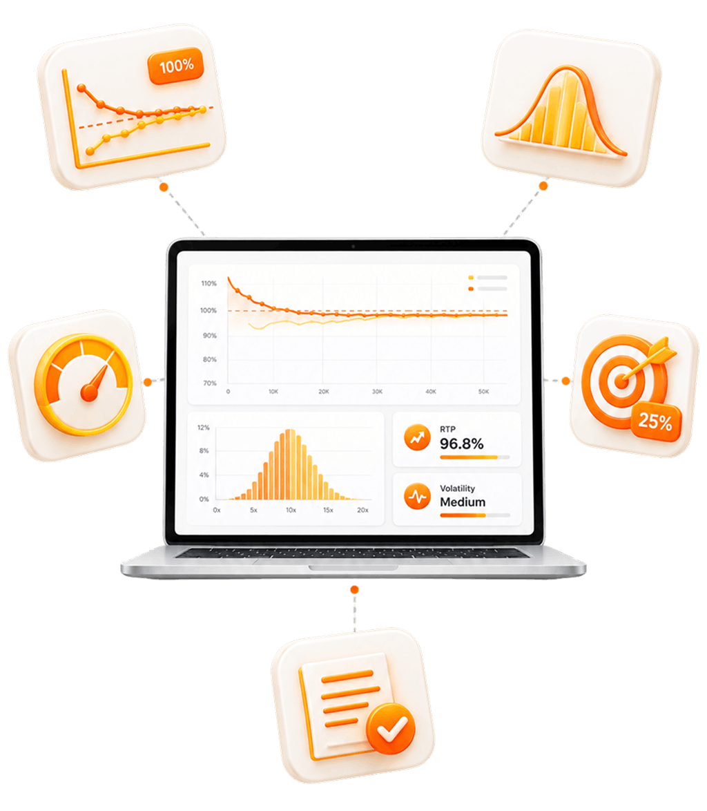 Slot math simulation dashboard: RTP convergence, win distribution, volatility index, and hit frequency validation