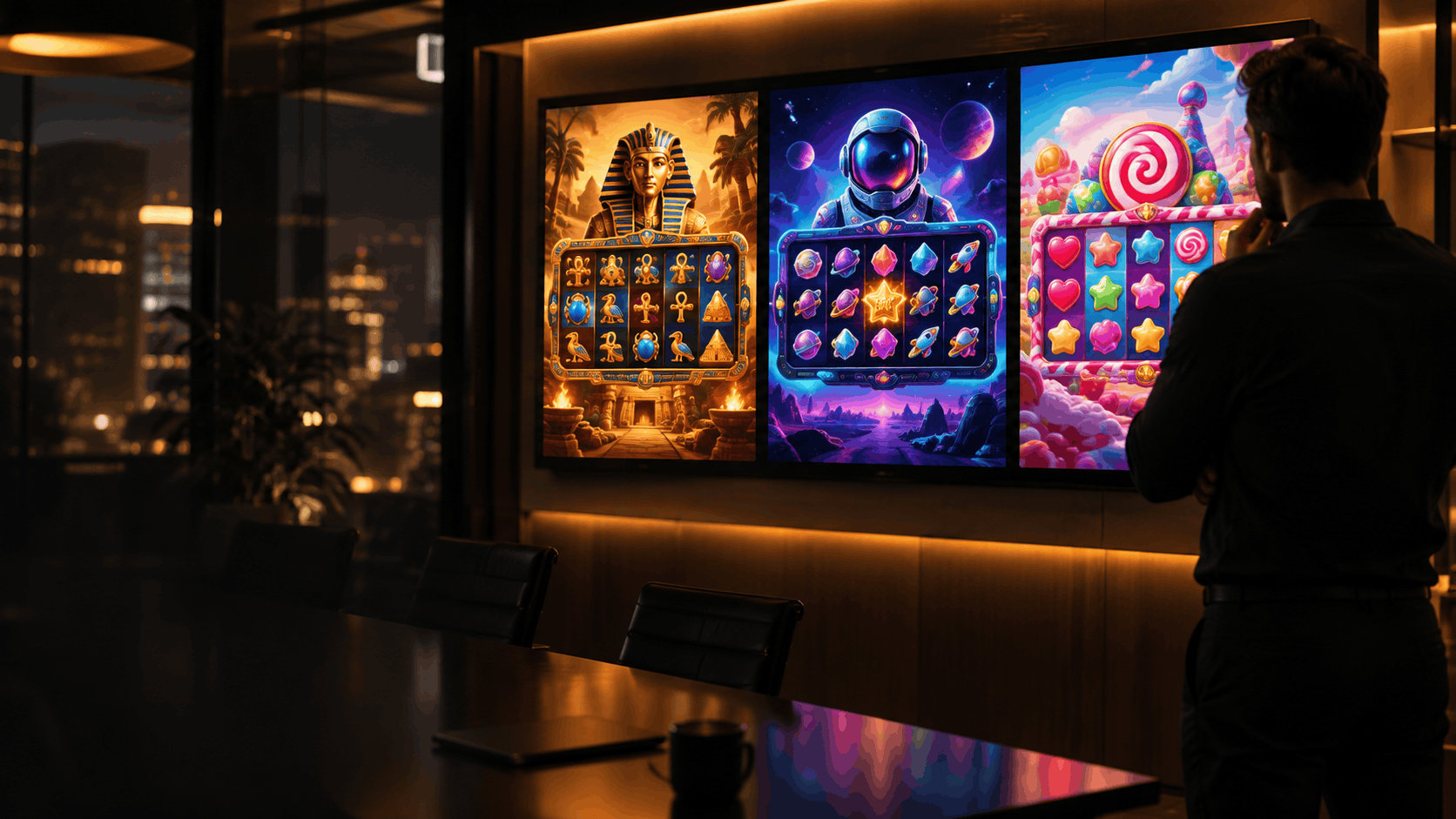 Game producer reviewing three different slot games on a large screen, choosing between a new slot, a reskin, and a ready-made game
