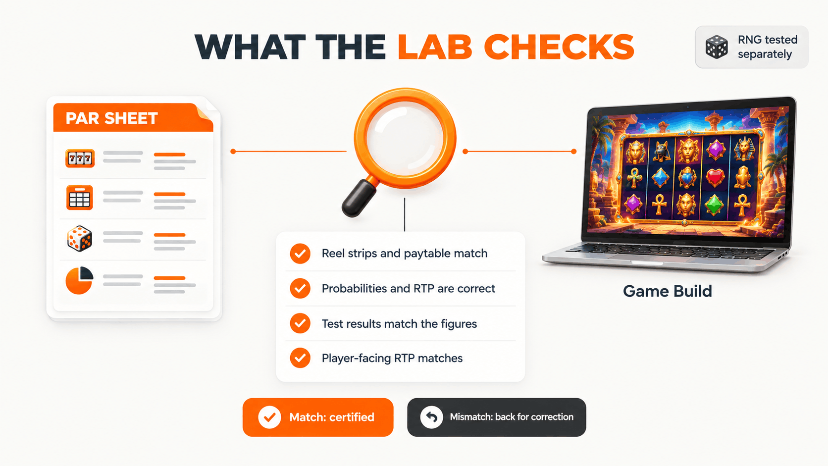 What a testing lab checks against a PAR sheet: reel strips and paytable, probabilities and RTP, test results, and player-facing RTP, with the RNG tested separately