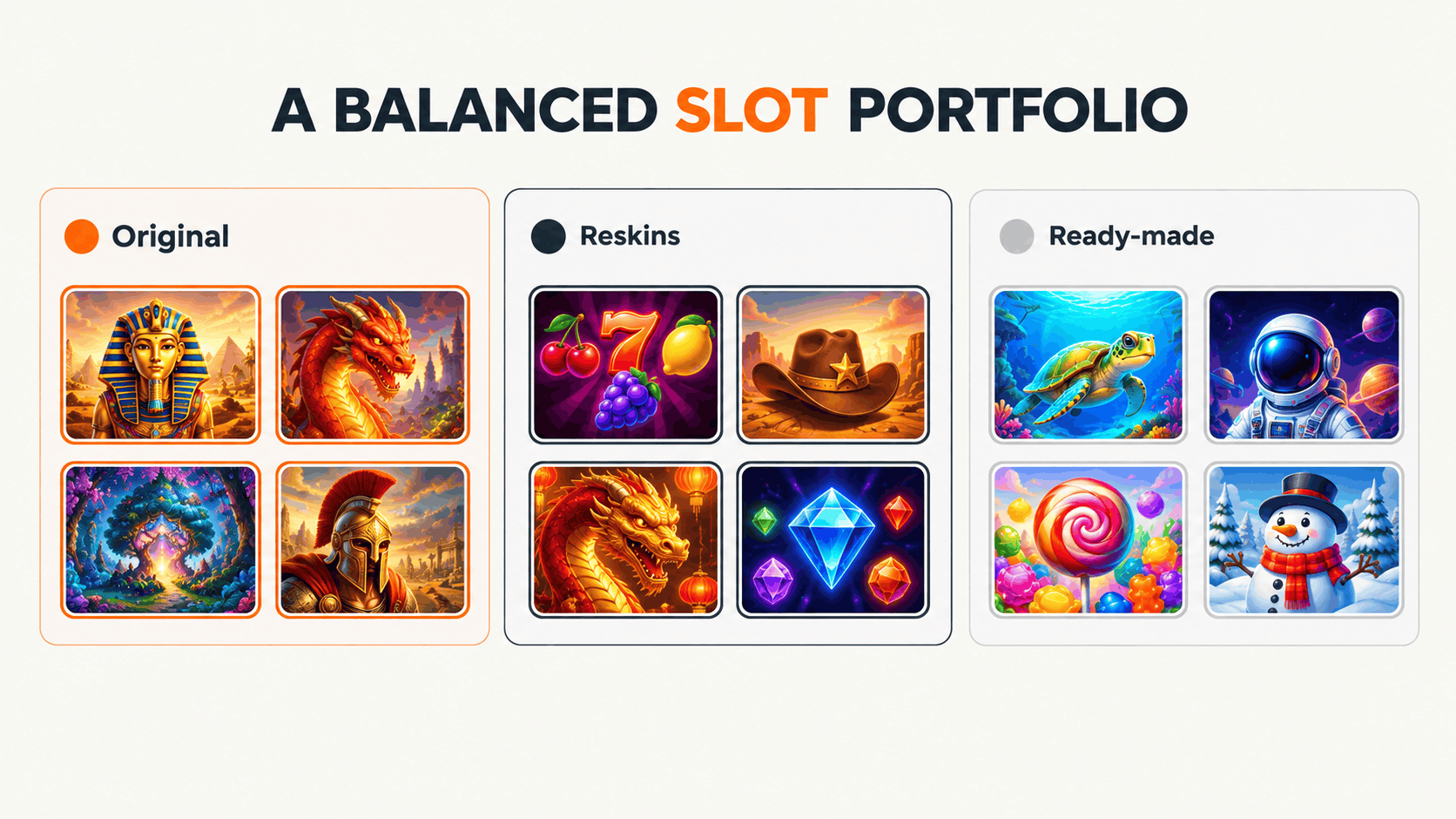 Balanced slot portfolio combining original flagship titles, reskins of proven mechanics, and ready-made games