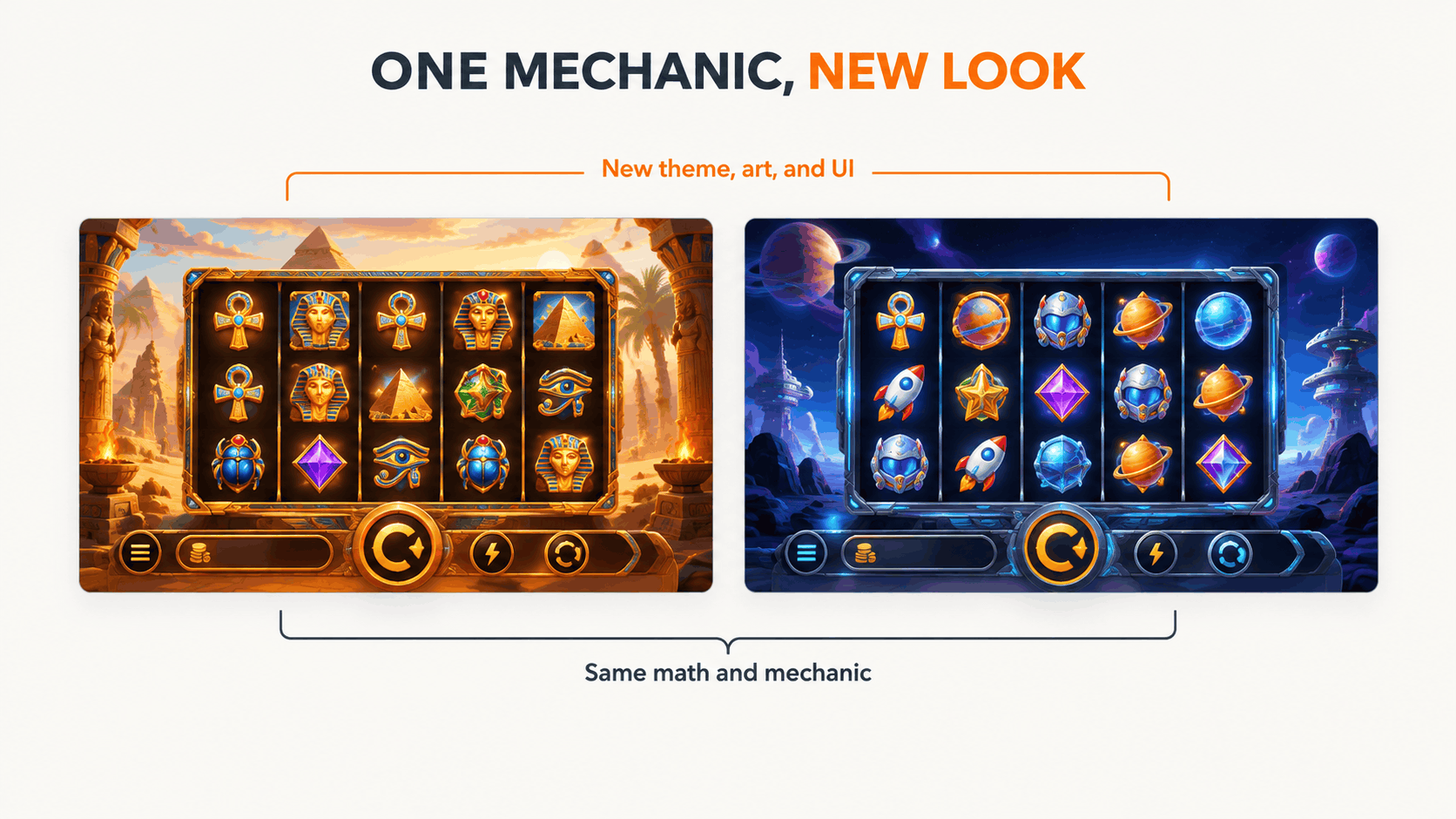 Slot reskin explained: two games with the same math and mechanic and different themes, art, and UI