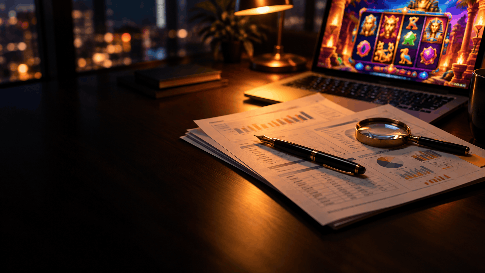 A slot game's technical math report on a desk, with the slot game itself on a laptop screen behind it